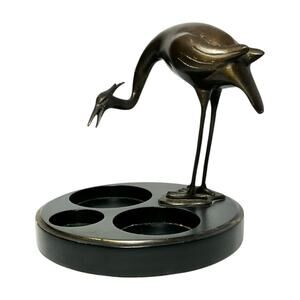 Vintage Bronze Crane Bird 3-Compartment Office Supply Holder/Vanity Dresser Tray